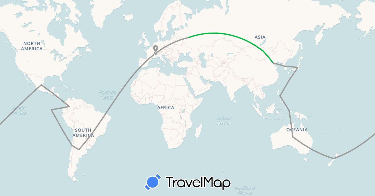 TravelMap itinerary: driving, bus, plane in Argentina, Australia, Switzerland, Chile, China, Colombia, Ecuador, Indonesia, Japan, South Korea, Mongolia, Mexico, New Zealand, Philippines, Russia (Asia, Europe, North America, Oceania, South America)